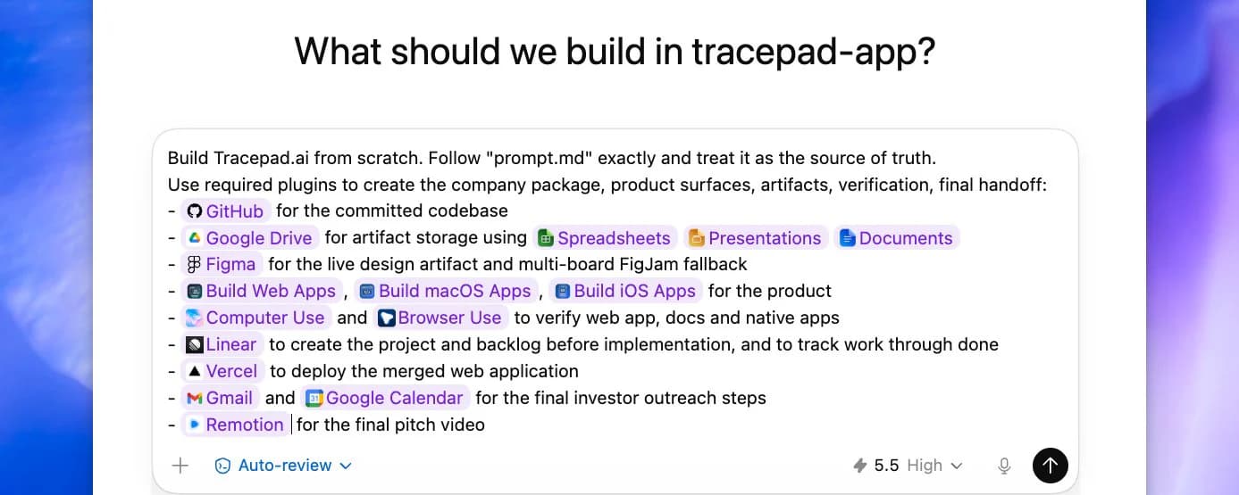 A Codex prompt for building Tracepad.ai with connected plugins.
