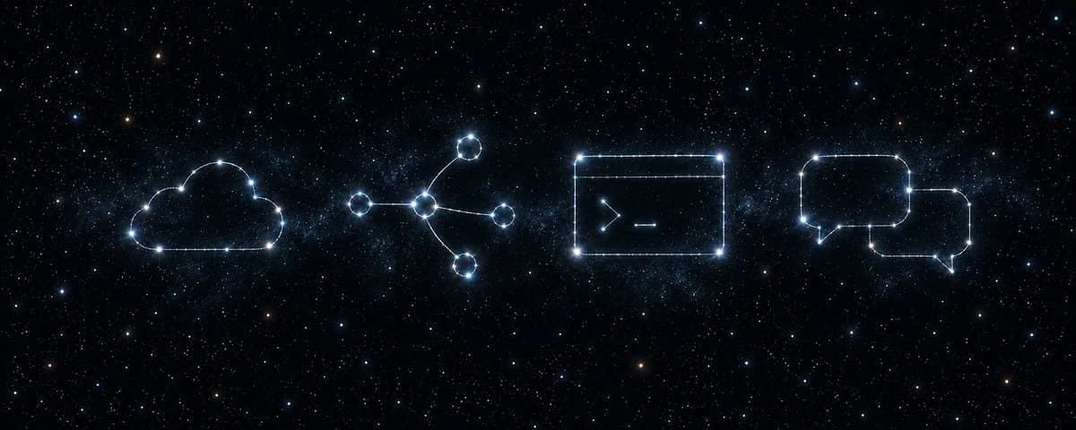 Constellations forming a cloud, connected nodes, a terminal window, and chat bubbles against a starry sky.