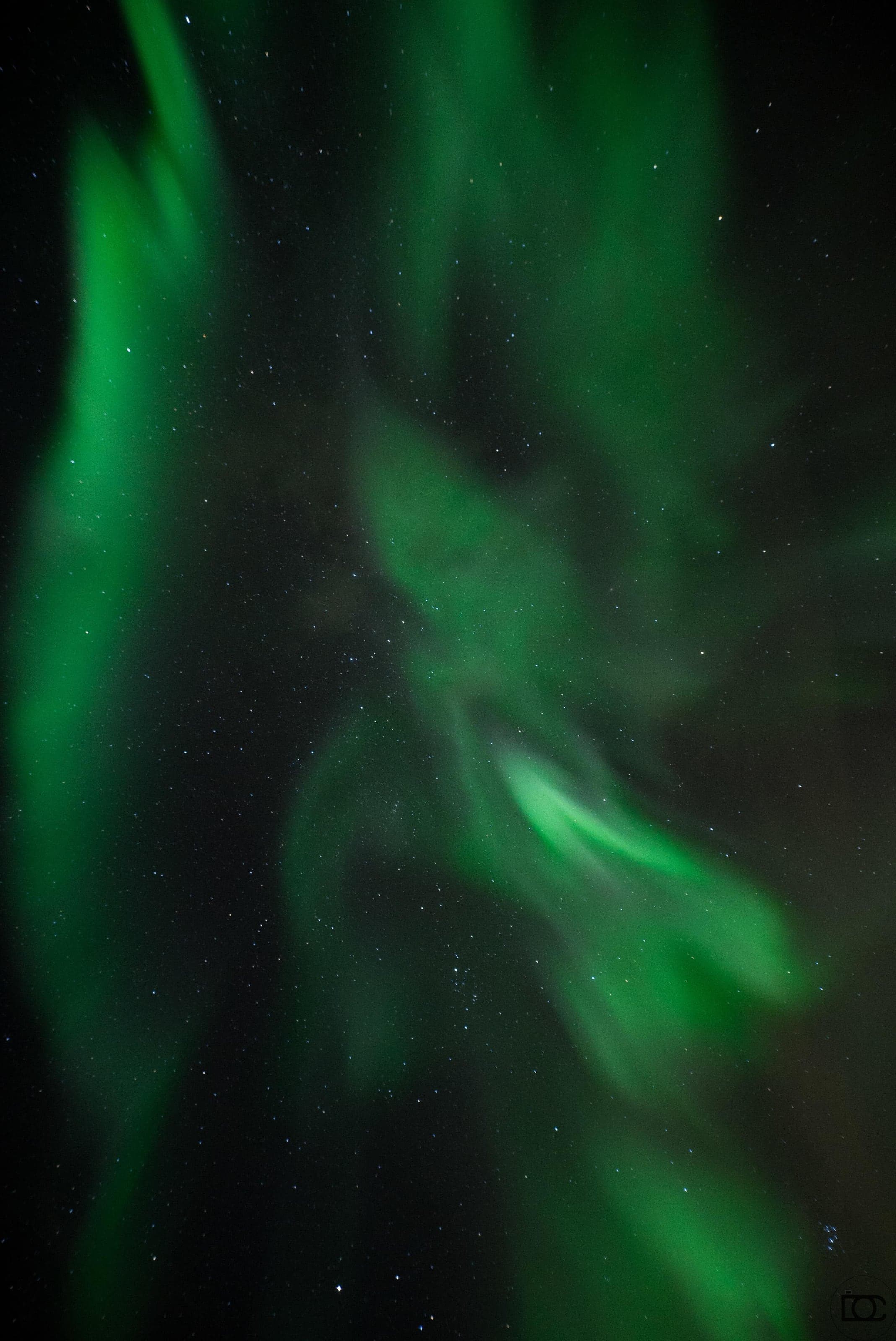 Northern lights tracing across a dark landscape